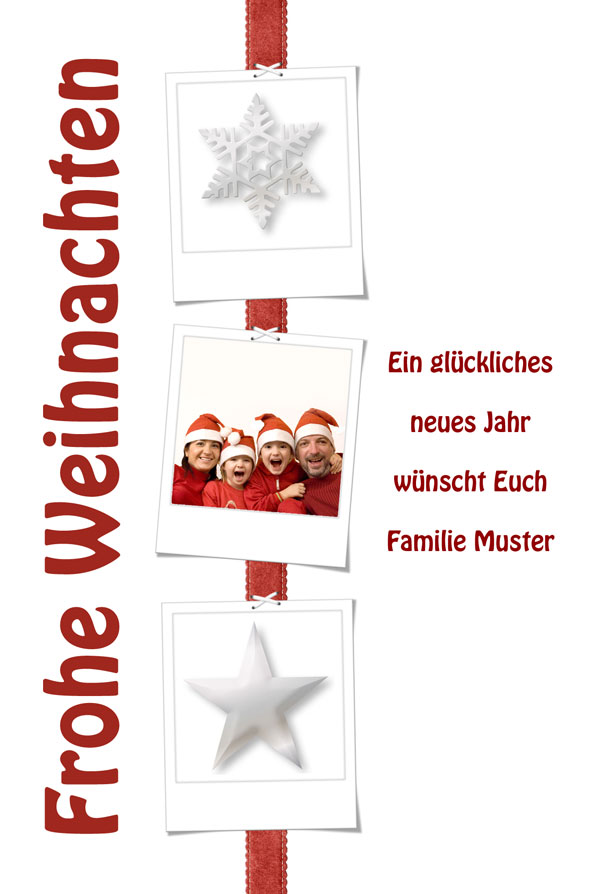 Weihnachtskarte rotes Band mit silbernen Sternen