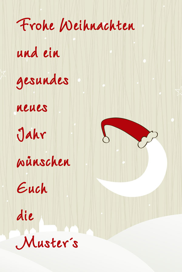 Weihnachtskarte mit Mond und Weihnachtsmütze