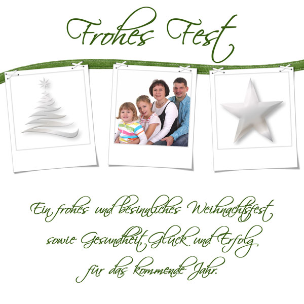 Weiße Weihnachtskarte mit grünem Band und ein bis drei eigenen Fotos