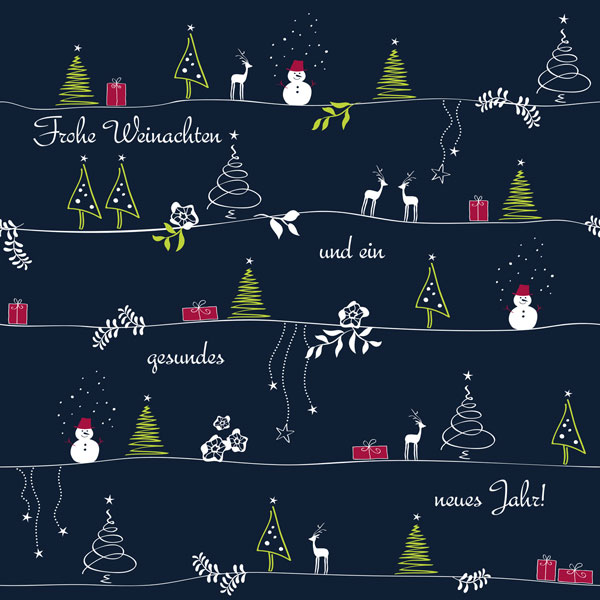 Weihnachtskarte in Nachtblau mit weihnachtlichen Zeichnungen
