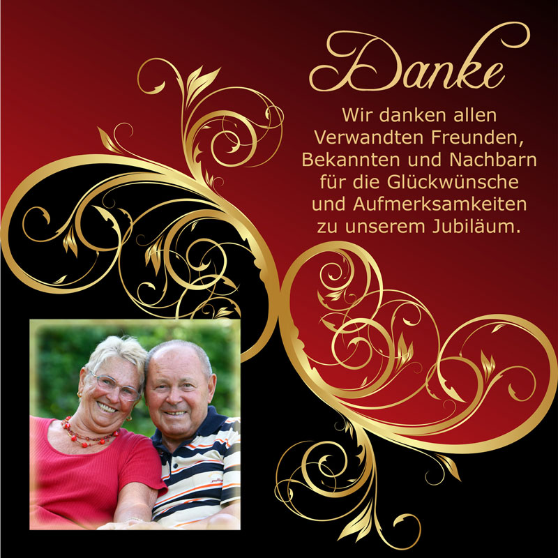 Dankeskarten & Danksagungen Goldene Hochzeit in schwarz-rot mit Rankenwerk