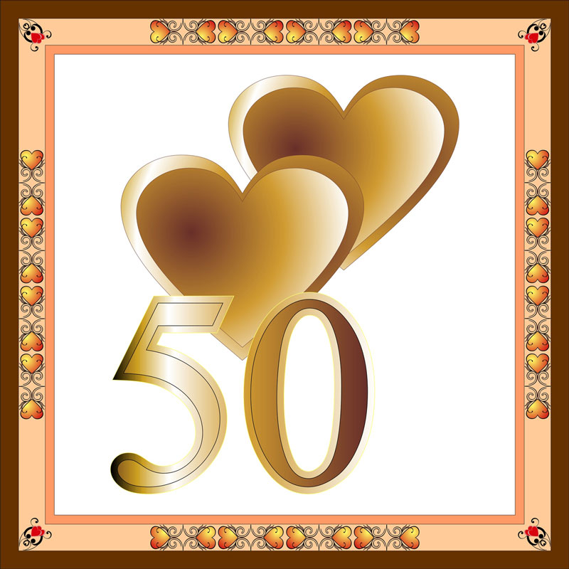 Einladung Goldene Hochzeit mit zwei großen goldenen Herzen und 50