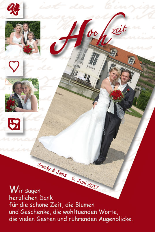 Dankeskarten & Danksagungen Hochzeit in Rot mit drei Fotos
