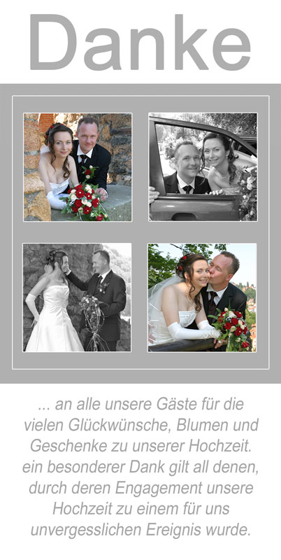 Dankeskarten & Danksagungen Hochzeit, weiß-grau mit 4 Fotos