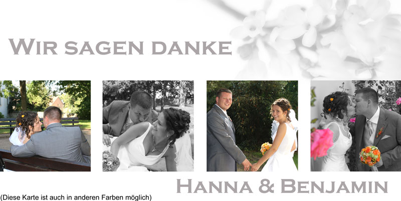 Dankeskarten & Danksagungen Hochzeit schlicht mit 4 Fotos und zarten Blüten