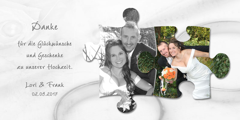 Dankeskarten & Danksagungen Hochzeit, für zwei Fotos in Puzzleteile-Form